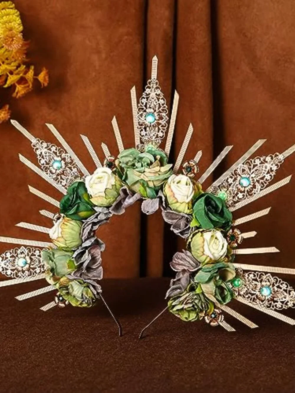 Handmade Green Rose Halo Crown Renfaire Woodland Flower Headpiece for Women